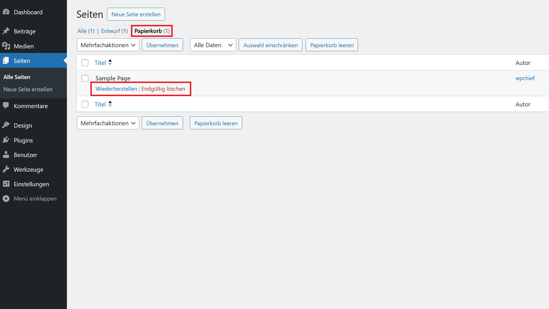 Seite Löschen auf WordPress