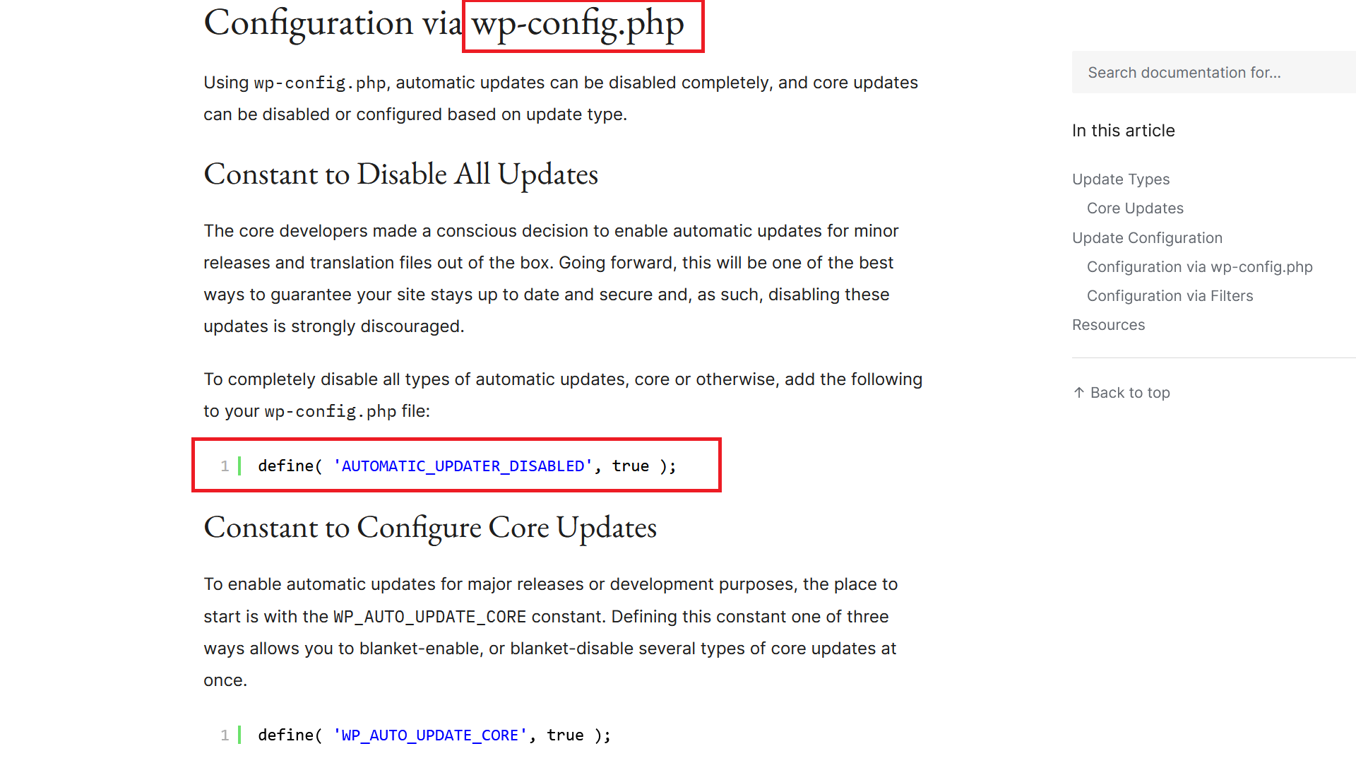 WordPress Disable Automatic Updates WP Config